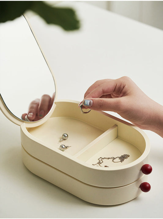 Elegant Cream Jewellery Organizer Box with Mirror