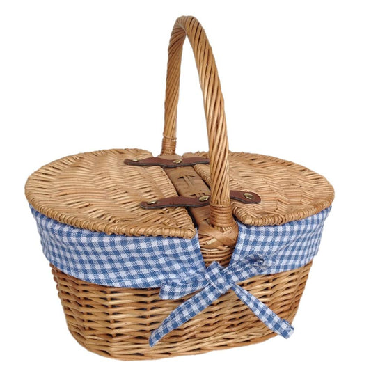 Child's Lined Oval Lidded Buff Wicker Picnic Basket-0